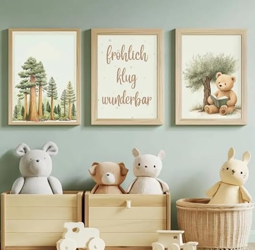 Generisch Kinderzimmer Poster DIN A4, personalisierbar, 3 Kunstdrucke mit lesendem Bären und Spruch, Babyzimmer Deko Mädchen Junge