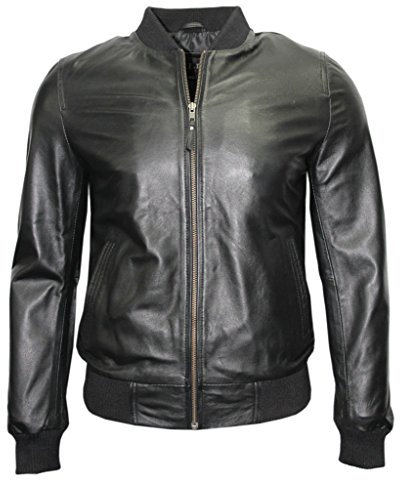 Infinity Mens Retro Black Nappa Leather Bomber Slim Fit Casual Varsity Jacket L