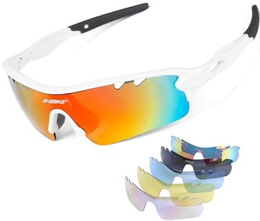 INBIKE Sonnenbrille Herren Damen Polarisiert Verspiegelt Fahrradbrille Radbrille Sport Brille UV400 Schutz mit 5 Wechselgläser,Weiß