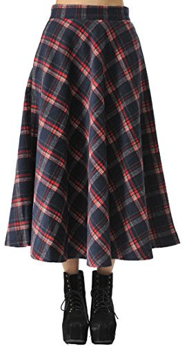 TEERFU Women's Fall Winter Plaid Pleated Warm Thicken Wool Woolen Long Skirt Skirts, Red, UK 14 (Size tag 2XL, Waist 33.8'')