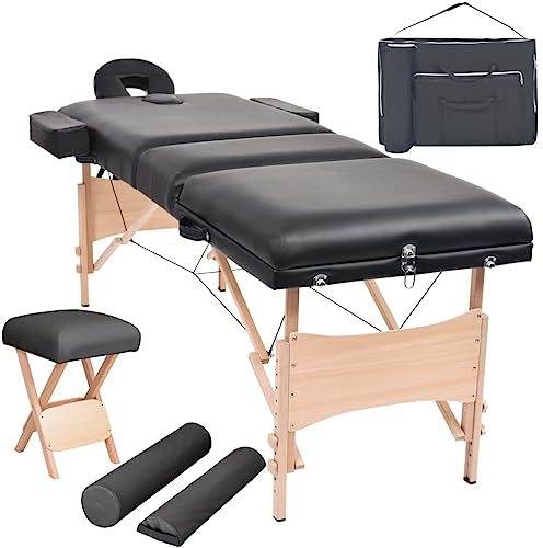 vidaXL Massageliege 3 Zonen Tragbar mit Hocker Therapie Massagetisch Massagebank Kosmetikliege Therapieliege Massage Liege 10cm Polster Schwarz