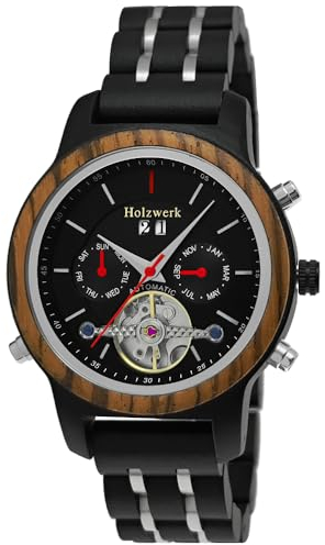 Holzwerk Germany Handgefertigte Automatik Damen-Uhr Öko Natur Holz-Uhr Holz Armband-Uhr Braun Schwarz Silber Weiß Analog Datum und Wochentag Anzeige