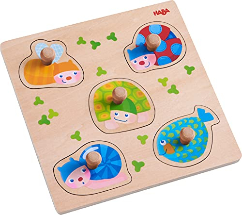 HABA 304589 - Greifpuzzle Bunte Tiere, 5-teiliges Holzpuzzle mit Tiermotiven und griffigen Holzknöpfen, Holzspielzeug ab 12 Monaten