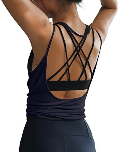 OYANUS Haut d'entraînement d'été sexy dos nu pour femme, maillot de yoga, vêtements de sport, course à pied, gym, séchage rapide, bleu marine, Taille S