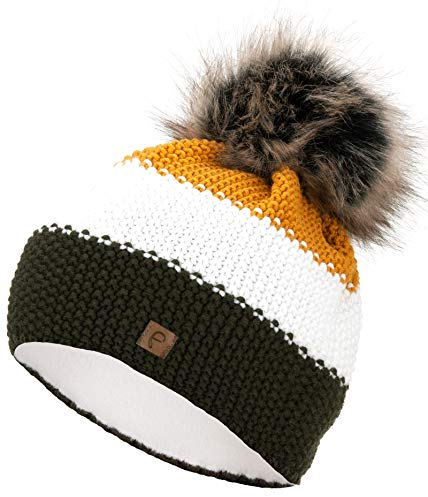 Faera Wintermütze Damen Mütze warm gefüttert Mädchen Bommelmütze Fleecefutter Winter Strickmütze Beanie Herren 35, Farbe:Oliv
