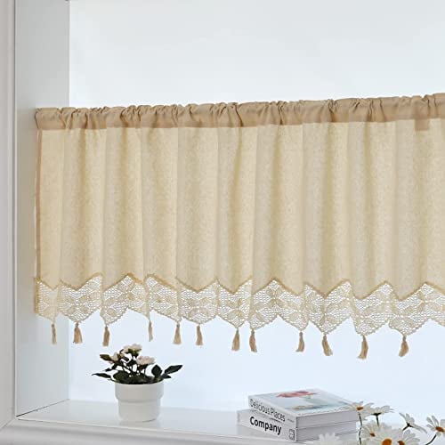choicehot Kurzgardinen mit Häkelspitze Baumwolle Leinen Fransen - Bistrogardine Scheibengardinen Landhausstil Vorhang Privatsphäre Kurzstores Fenstervorhang für Kleine Fenster, 30x150cm