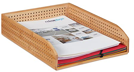 Relaxdays 5 x Dokumentenablage Bambus, perforiert, stapelbar, A4, Schreibtischablage, Büro, Ablage HBT: ca 7 x 25 x 33, natürlich