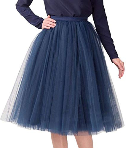Xmiral Damen Tüll Tutu Rock Plissee Gaze Reine Farbe Knielanges Elastisch Taille Tanzenrock(Marine,One Size)