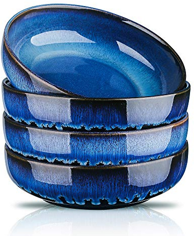 KOOV Ceramic Bowl, 46 OZ Pasta Bowls Set of 4, Large Salad Bowl Set, Large Bowl For Eating, Dinner Bowls, Stackable Serving Bowls, Reactive Glaze Series (Nebule Blue)