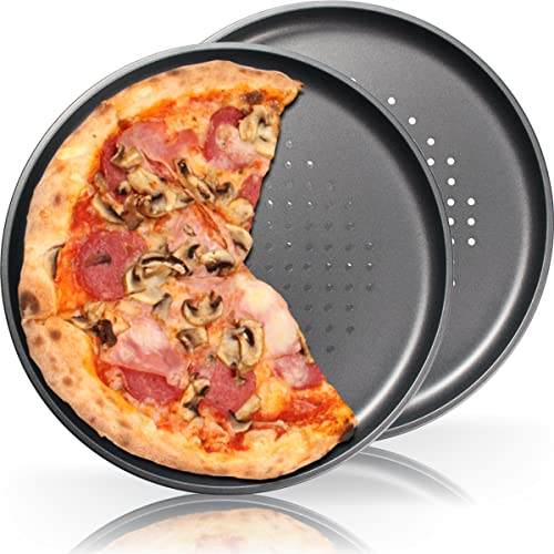 2X Pizzablech ∅ 32 cm Rund, gelocht und antihaft beschichtet für Pizza & Flammkuchen Knusperblech (2er Set)