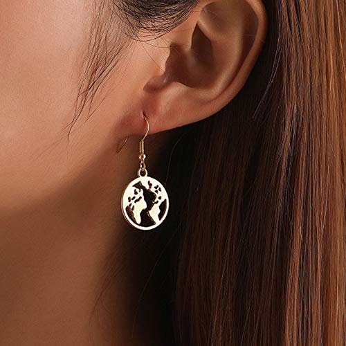 Yienate Modische Ohrringe mit Weltkarten-Anhänger, Ohrtropfen, Erdkugelkarte, Tropfenform, Kreis-Anhänger, Ohrringe für Frauen und Mädchen, Metall