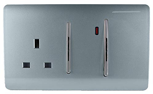 Trendi Switch Screwless Artistic Modern Decorative Glossy 45 A Cooker Switch Control Unit & Single Plug Socket Inc Neon Indicator for Indoor Use in Cool Grey - ART-WHS213CG