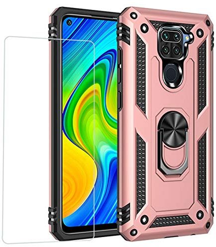 Joytag compatibles para Funda Xiaomi Redmi Note 9，Carcasa +Cristal Templado Silicona TPU 360 Grados Anillo Giratorio magnético Soporte Caja del teléfono del Coche-Oro Rosa