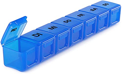 Tablettenbox 7 Tage Deutsch, SUKUOS XL Groß Pillendose 7 Fächer, Medikamenten-Box für 7 Tage (Blau)
