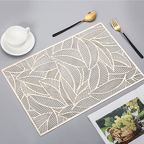 Hosoncovy 4 Pack Rectangle Leaf Decorative Placemats PVC Hollow Dining Table Place Mats Heat Resistant Non-slip Dining Placemats Table Mats for Home Kitchen (Gold)