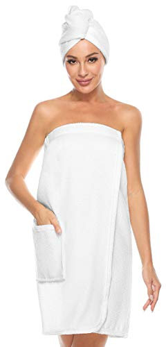 vislivin Robe Serviette de Bain Femme Serviette de Spa Peignoir avec Bonnet de Douche Peignoir Femme Fermeture Réglable Blanc L