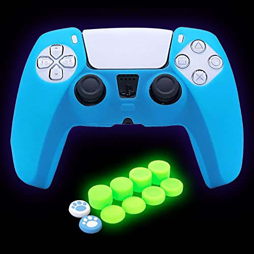HLRAO Blau Controller Skin Silikon Grip Glow in The Dark Schutzhülle Kompatibel mit PS5/Slim/Pro Controller + 8 FPS PRO Daumengriffe und 2 süßen Katzenpfoten-Daumengriffkappen.