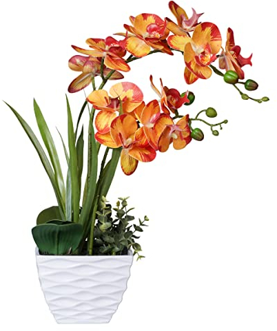 Ohmywor Orangene Orchidee, künstliche Phalaenopsis-Arrangements, künstliche Herbst-Orchidee mit weißem Topf, 48 cm hohe Seidenorchidee für Zuhause, Innenbereich, Tischdekoration, Hochzeit,