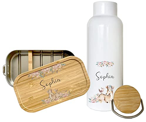 Manufaktur Liebevoll | Personalisierte Trinkflasche und Brotdose mit Namen als Set für Kinder | Set mit Rehkitz: Trinkflasche + passende Lunchbox mit Fächern