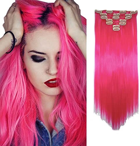 iLUU 22 Hot Pink Colored Party Cosplay Glatte Haarspange in Extensions 100g Hitzebeständige Synthetic Hair Extensions 7pcs Vollkopf Haarteile 16 Clips ins (#8C-Hot Pink)