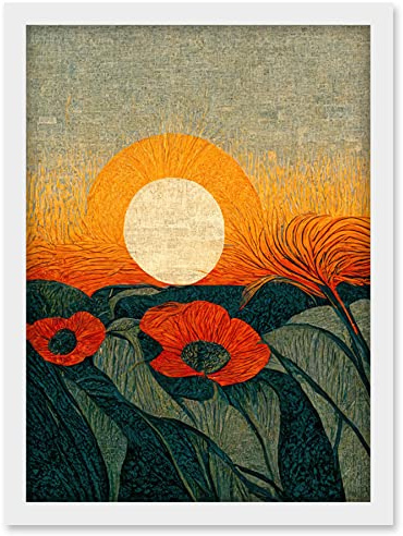 Doppelganger33 LTD Abstract Sunrise Over Poppy Meadow William Morris Style Artwork Framed Wall Art Print A4