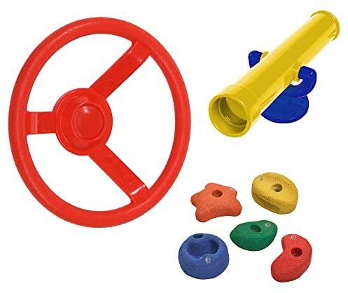 WICKEY Spielturm Zubehör Set - Accessoires für Spielturm, Schaukel, Klettergerüst und Garten Spielgeräte bestehend aus Klettersteinen, Lenkrad und Teleskop