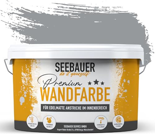 SEEBAUER diy Wandfarbe Grau 10L für Innen (No. 218 Grey Stone) Edelmatte graue Innenfarbe - Grautöne sehr hohe Deckkraft - Matt, Abwaschbar und Tropffrei