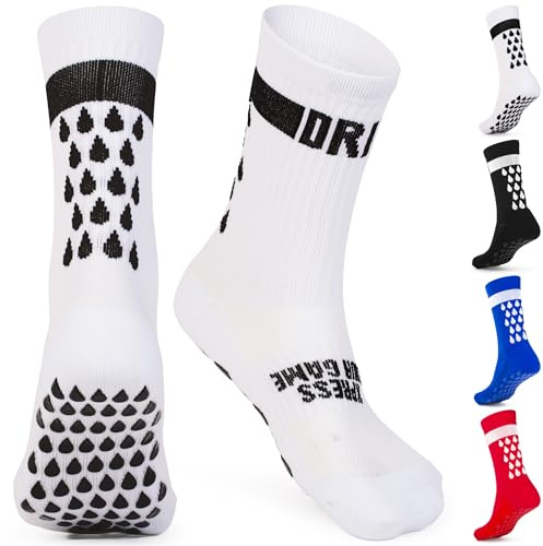 DRIPsox® Football Grip Socks - 6 Sizes for Kids, Men, Junior & Women (XXS:8C-11.5C, XS:12C-2.5, S:3-5.5, M:6-8.5, L:9-11.5, XL:12+) - 1 Pair (XL) White Grip Socks Football - Anti Slip & Elite Comfort