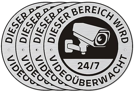 Videoüberwachung Schild Privatgrundstück, 4 Stück ⌀10cm Aluminium Schilder Kameraüberwachung mit Selbstklebend Kamera Überwachung Schild Warnschild