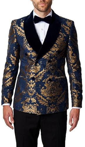 Xposed Gold Brocade on Navy Jacquard Double Breasted Jacket [BLZ-DB-311-BLUE-VELVET-50]
