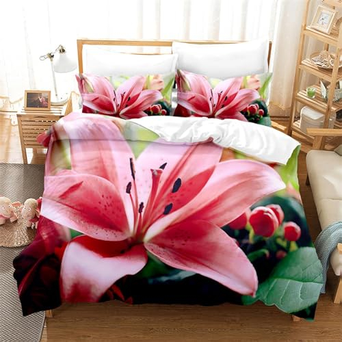 Bettwäsche 155x220 Lilie 3D Muster Pinke Blumen Bettwäsche-Sets 3 Teilig Weiche Microfaser Bettbezug Set mit Reißverschluss und 2 Kissenbezug 80x80 cm G83