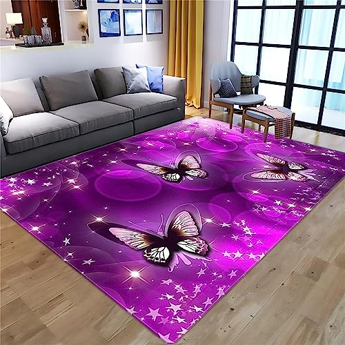 Modern Teppich, Flecken Und Wasserfester Fusselfreier-Teppich Lila Aus Sternen Und Schmetterlingen Für Zuhause Büro Schlafzimmer Wohnzimmer Küche Waschbarer Teppich, 120 X 160 cm / 47,24 X 62,99 Zoll