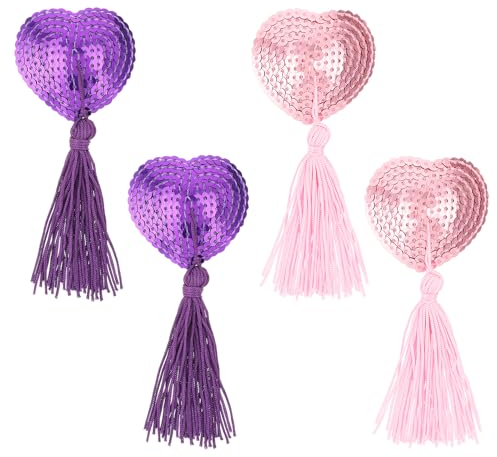 Sibba 2 Paar Pasties Nippelabdeckungen Aufkleber Quasten Brustblätter Herzförmige Pailletten dünne Pads Patches Halloween Selbstklebender BH Brust Brustblätter Dessous Zubehör Damen Mädchen(Lila Rosa)
