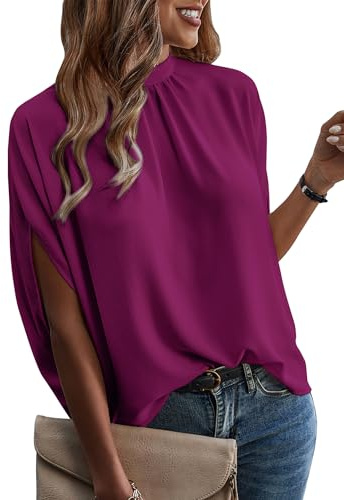 ONAYEYO Damen Elegant Bluse Casual Lose Tunika Shirt Hinten Schnüren Verspotten Nacken Dolman-Ärmel Oberteil T Shirt Sommer Einfarbig Top (XL, Violett)