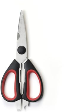 Qdesign - Küchenschere - Gezackte Klingen aus Edelstahl - Ergonomische Griffe - Multifunktional - Inklusive integriertem Kapselheber & Nussknacker - Schwarz/Rot