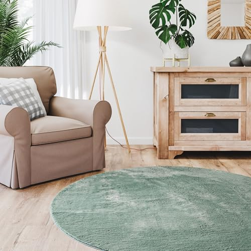 Interiyou Fargo - Teppich Wohnzimmer 120x120 cm Rund Grün - Kurzflor Waschbar und rutschfest - Flauschiger Fellteppich aus Kunstfell - weicher Langflor Fell
