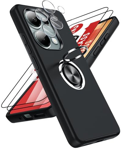 LeYi Hülle für Xiaomi Redmi Note 13 Pro 4G Handyhülle kompatibel mit 2*Panzerfolie & 2*Kamera Folie, TPU Militärschutz Hybrid Schutzhülle mit 360° Metall Ring Halter Ständer Stoßfest Case Schwarz