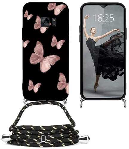 EuoDuo Kompatibel mit Samsung Galaxy S7 Hülle mit Band Handyhülle Handy Kette Schwarz Silikon Muster Motiv Schutzhülle Kordel zum Umhängen Necklace Halskette Cover - Rosa Schmetterlinge