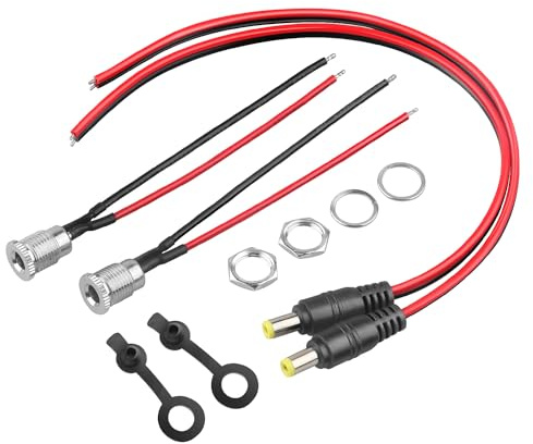 COOLM DC Power Jack Socket Threaded Female Mount Connector Adapter 5.5mm 2.1mm and Male Pigtail Barrel Connector Cable 18AWG with Dustproof Plug (2Pairs)