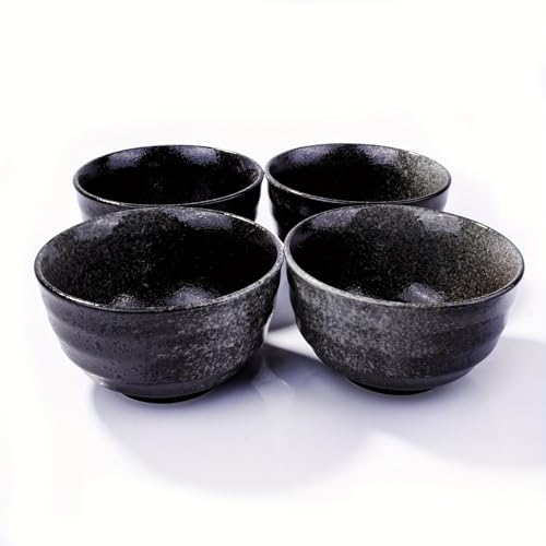 Cerficer Reisschalen im japanischen Stil, 11,2 cm, Schwarz, 4 Stück, handgefertigtes Steingut für Sushi, Miso-Suppe, Reis, mikrowellen- und spülmaschinenfest, rustikales mattes Finish