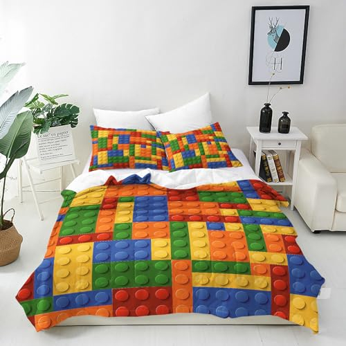 ANHOPE Bunte Geometrie Bausteine Bettwäsche Set 2 Teilig Weich Bettbezug 135x200 cm & Kissenbezug 80x80 cm Microfaser Bettbezüge Set mit Reißverschluss Bettdeckenbezug für Kinder Jungen Mädchen