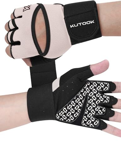 KUTOOK Ruderhandschuhe Fitness Calisthenics Handschuhe Krafttraining Bodybuilding mit Handgelenkschutz Trainingshandschuhe Herren Damen Stoßdämpfend mit Palm Pad für Crossfit blassrosa S