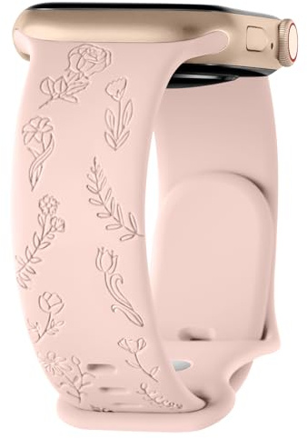Flower Engraved Strap for Apple Watch Strap 38mm 40mm 41mm 42mm, Silicone Sport Band for iWatch Series 10 9 8 7 6 5 4 3 2 1 SE, Women Men (Pink sand,38mm/40mm/41mm/42mm(Series 10))