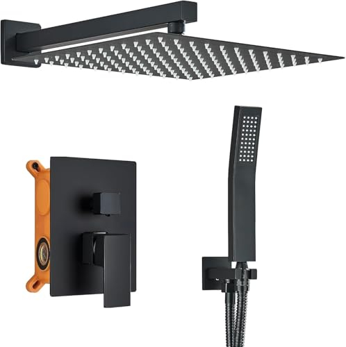 Juego de ducha de lluvia negro – Grifo de ducha empotrable, juego completo con ducha de mano y cabezal de ducha superior, sistema de ducha antiquemaduras, juego de ducha de lluvia