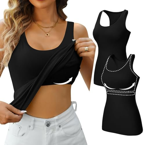 Charmo Unterhemden Damen Sport Top Basic Tank Tops mit BH Racerback Spaghettiträger Top BH Hemdchen ohne Bügel Shirts Frauen 2er Pack