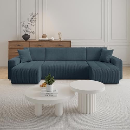 Mobilier-Deco Alicia - Canapé panoramique Convertible avec Coffre en Velours côtelé Bleu