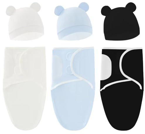 Asudaro Pucksack mit Mütze,Swaddle Decke mit Mütze,für Jungen Mädchen Baby Schlafsäcke,Unisex Baumwolle Wickeldecke für Neugeborene Kleinkinder(weiß+blau+schwarz)
