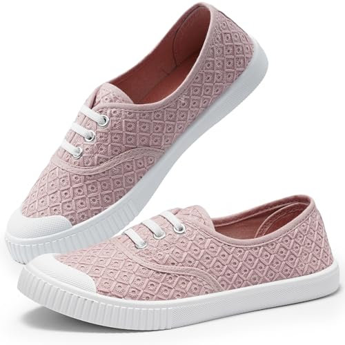 Harvest Land Womens Canvas Shoes Low Top Flat Gym Sports Pumps Trainers Lace Up Ladies Girls Fashion Pumps Flower Pink 6