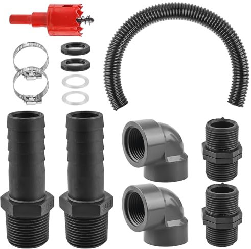 Juego de conexión de barril de lluvia de 25 mm (1 pulgada) con manguera de 50 cm y 2 orificios de rosca exterior – para barril de lluvia, cisterna, tanque de agua – Incluye tuerca de bloqueo y