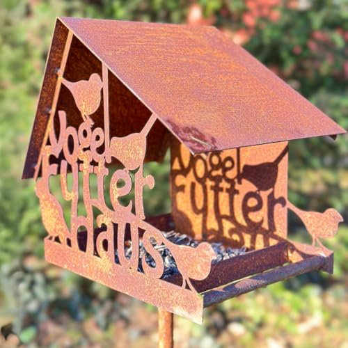 Vogelhaus mit Ständer wetterfest ∣ 135 cm hoch ∣ Vogelhaus Metall ∣ Stabiler rustikaler Look ∣ Vogelfutterstation, Vogelfutterhaus ∣ Vogelfutterhäuschen